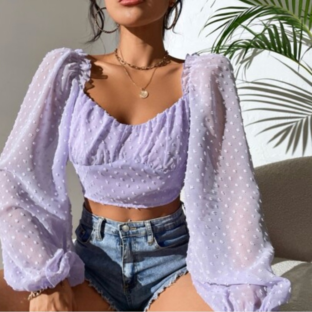 SHEIN Lavender Textured Blouse with Puff Sleeves